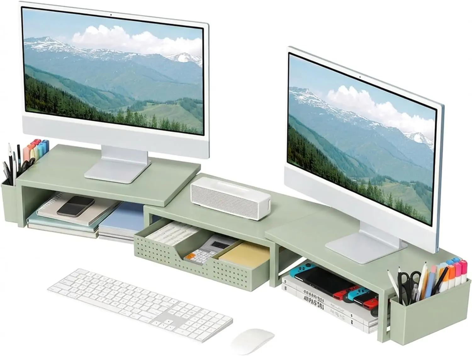 Dual Monitor Stand Riser with Drawer and 2 Pen Holders, Metal Computer Monitor Shelf for Desk Organization, Green
