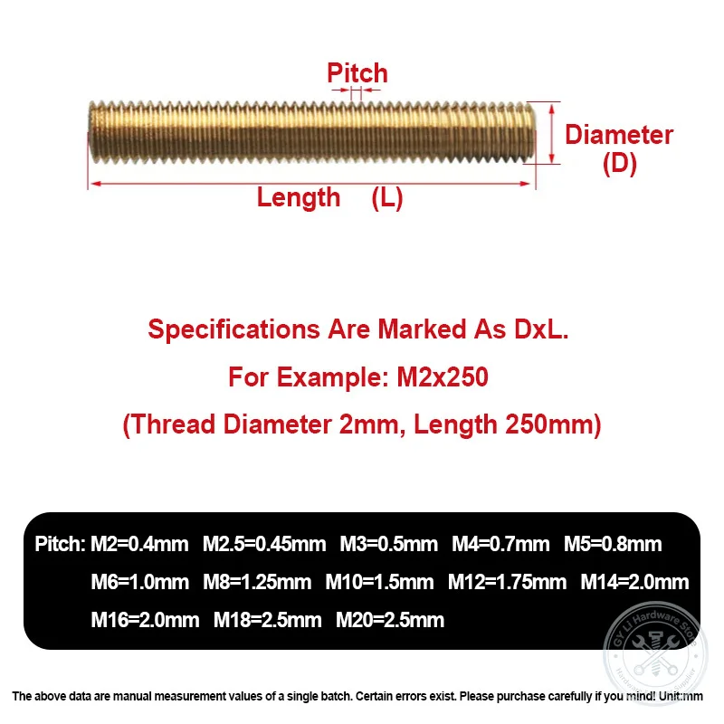 M2 M2.5 M3 M4 M5 M6 M8 M10 M12 M14 M16 M18 M20 Brass Full Threaded Rod Copper Stud Bolt Metric Thread Bar Cuttable Fastener