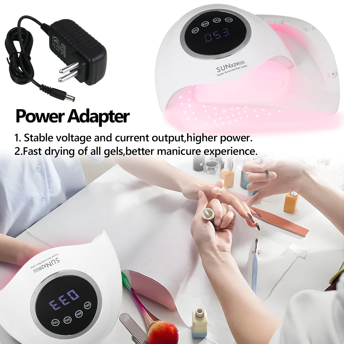 90 LEDネイルランプ、4つのタイマー設定付き、ネイルドライヤー＆アートツールとしてスマートに使用可能、家庭用＆サロン用