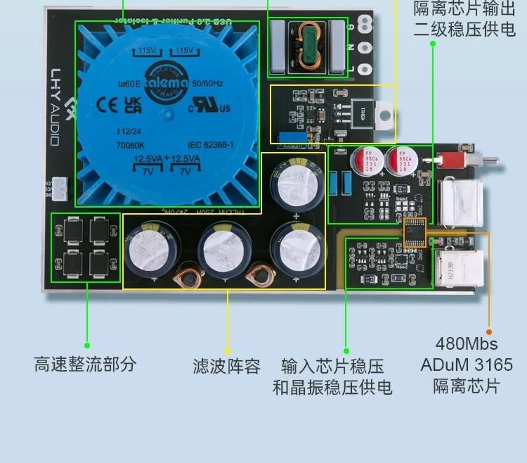 USB 2.0 HIFi Isolation Purifier Balance Signal Filtering Noise Built in 25W Fever DC Linear Power Supply