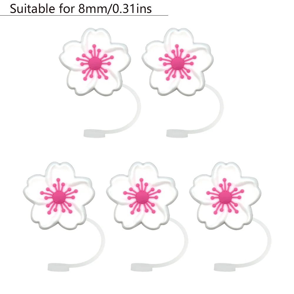 5 pezzi di accessori per tappi di copertura in paglia di Silicone Sakura bianco, Topper di paglia da 8mm/0,31ins per bicchieri, ciondolo con punta