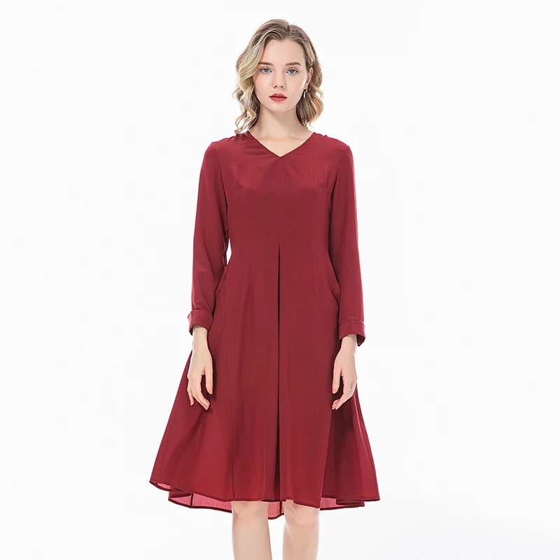 Silk 16m/m wine red Crepe-De-Chine Heart Collar Long Sleeve Pleated Mid-Waist Slim-Fit Expandable Party Woman Dress A55