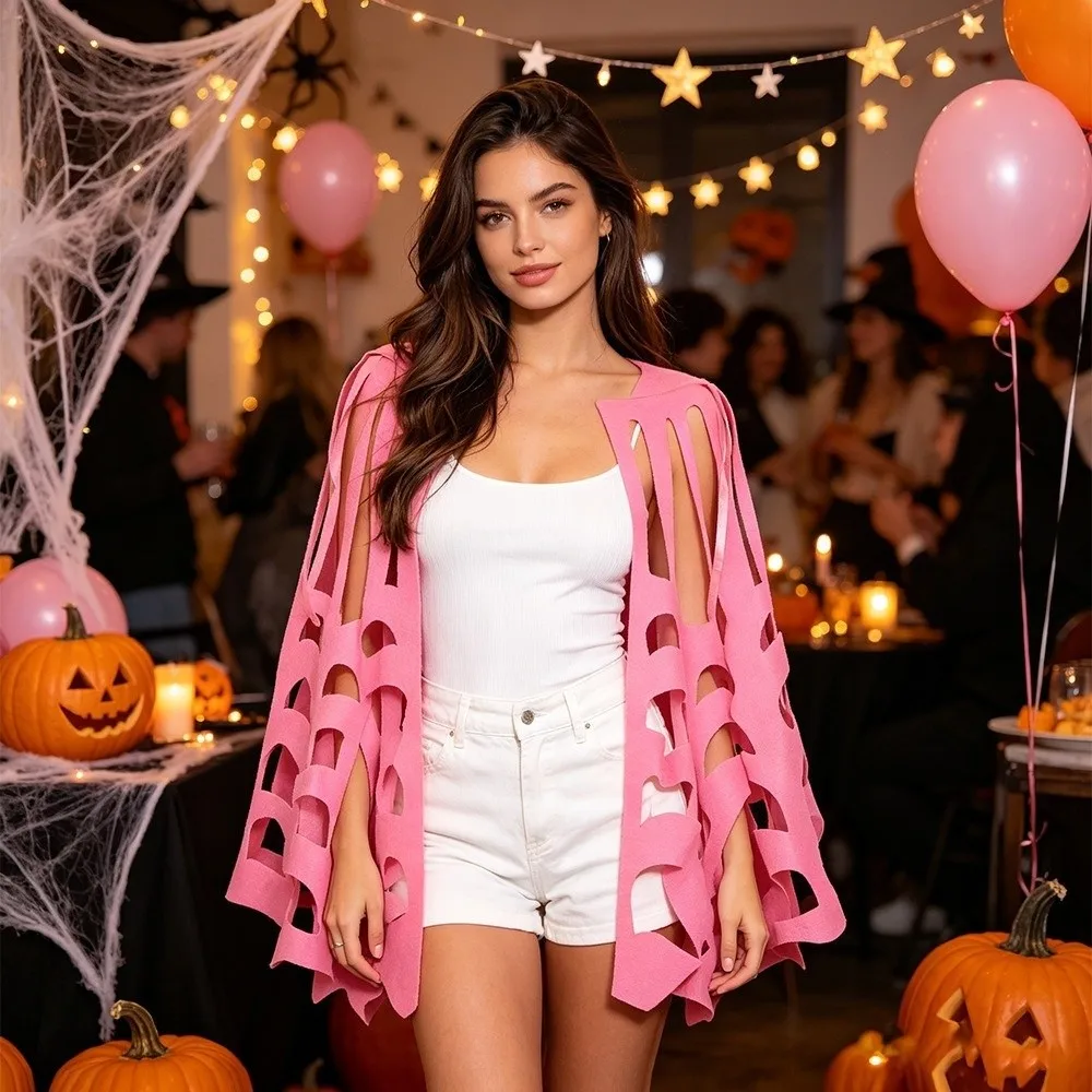 Solid Color Halloween Cape Hollow Out Mesh Texture Spiderweb Shawl Felt Material Adult Size Costume Cape Halloween Costume