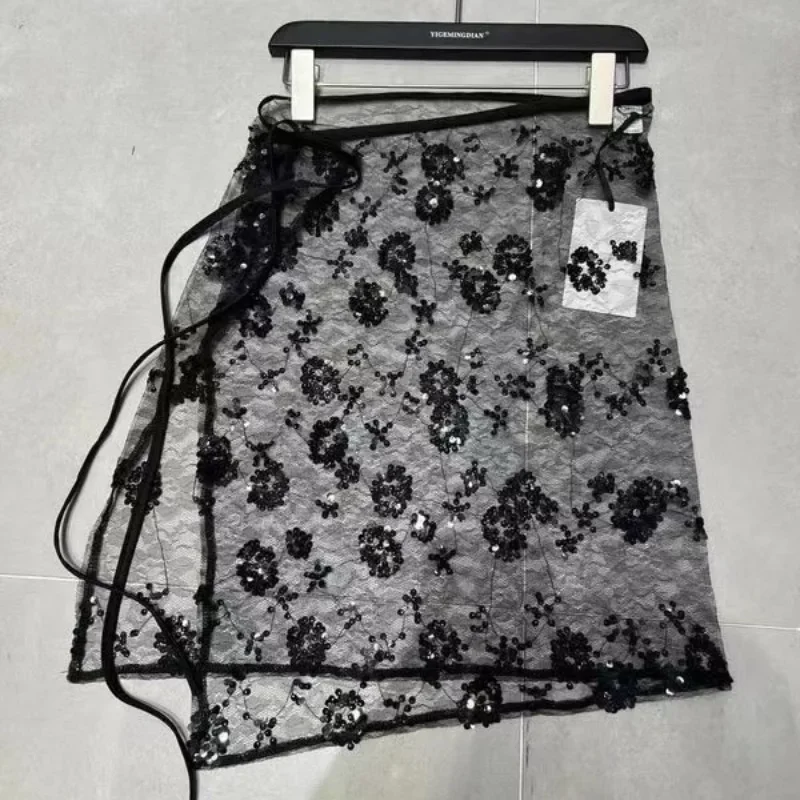 

Черно-белые модные брюки-юбки для женщин в корейском стиле, с эффектом бандажа, прозрачные, с пайетками, мини-юбка, сексуальная летняя юбка