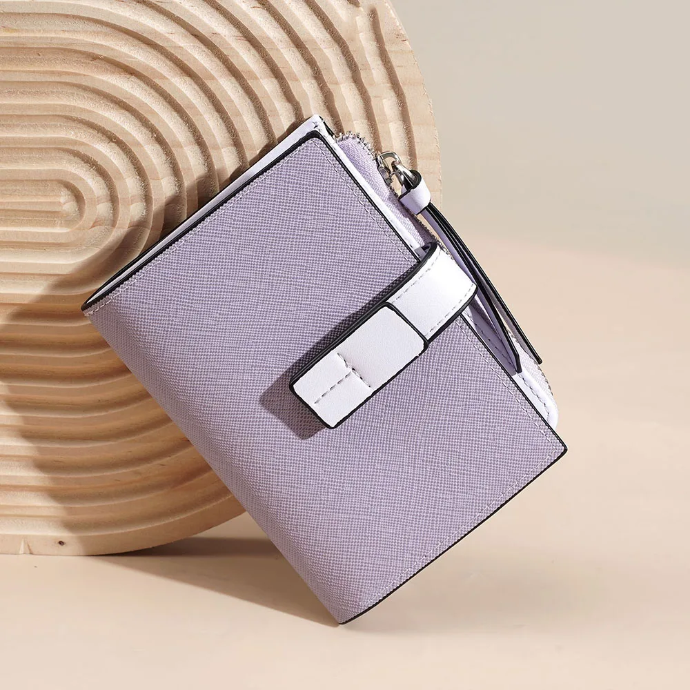 Block Color Women Clutch Leather Bag Simple Fashion Coin Purse Buckle Design Card Holder Passport Bag Portable Daily Wallet