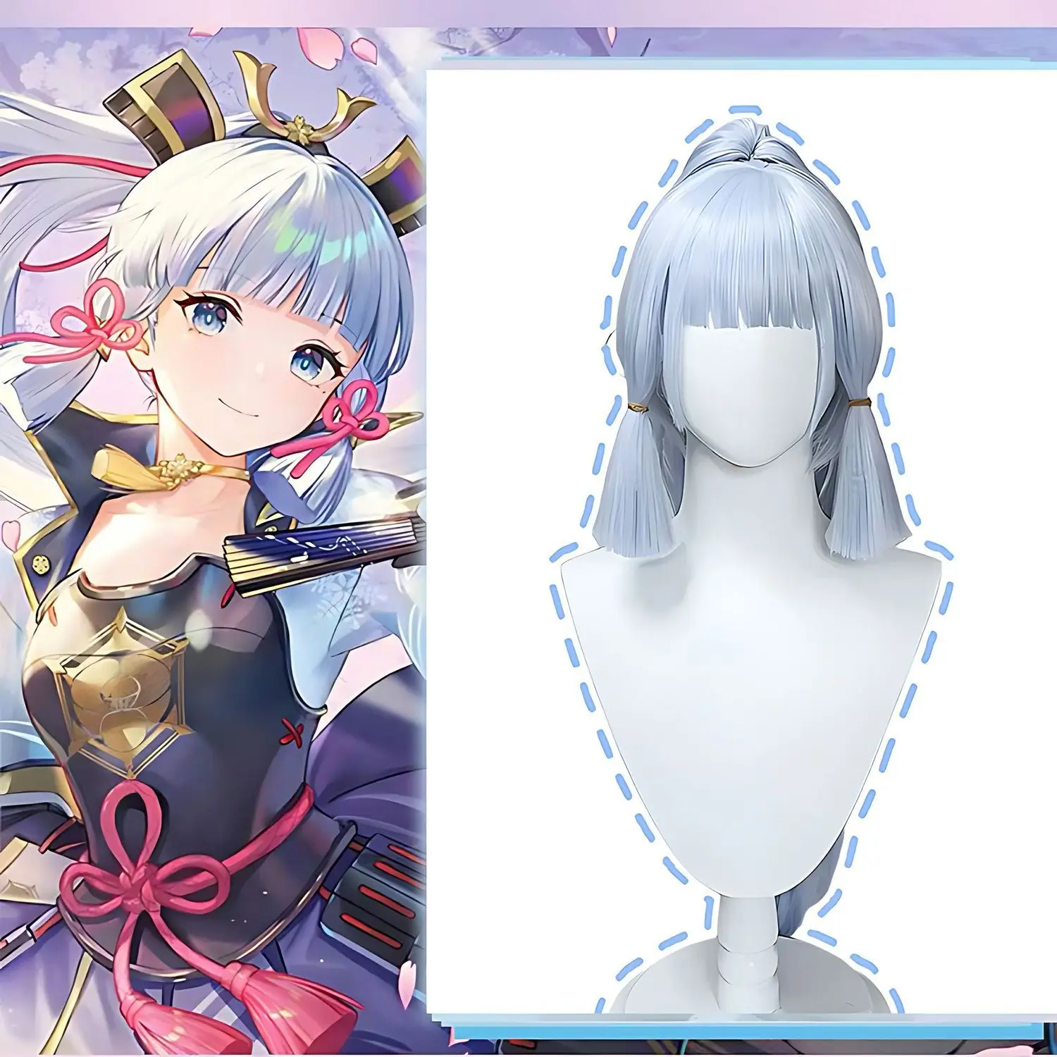 

Genshin Impact Kamisato Ayaka Cosplay Wig Light Gray Blue Hair Single Ponytail Styled Sideburns