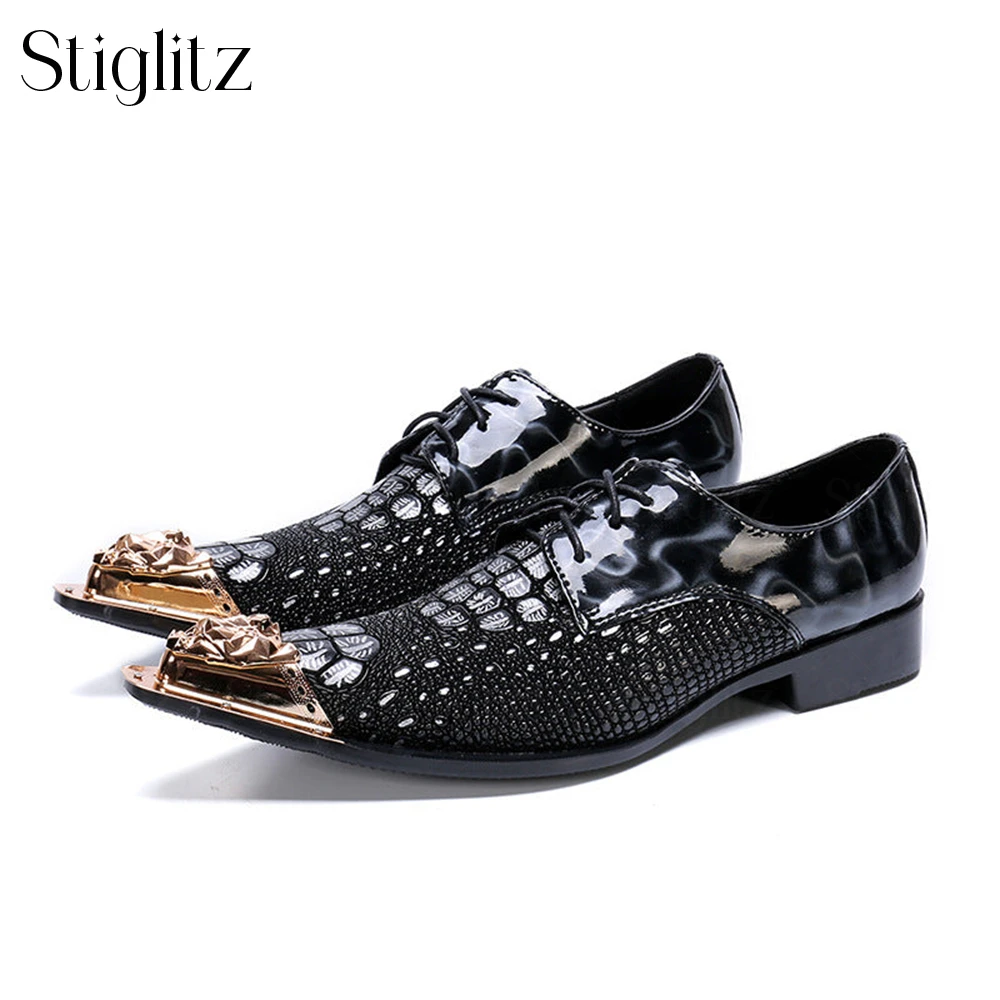 

Gold Metallic Pointed Toe Shoes Luxurious Black Crocodile Leather Shoes Elegant Designer Style Lace-Up Shoes Dress Shoes for Men