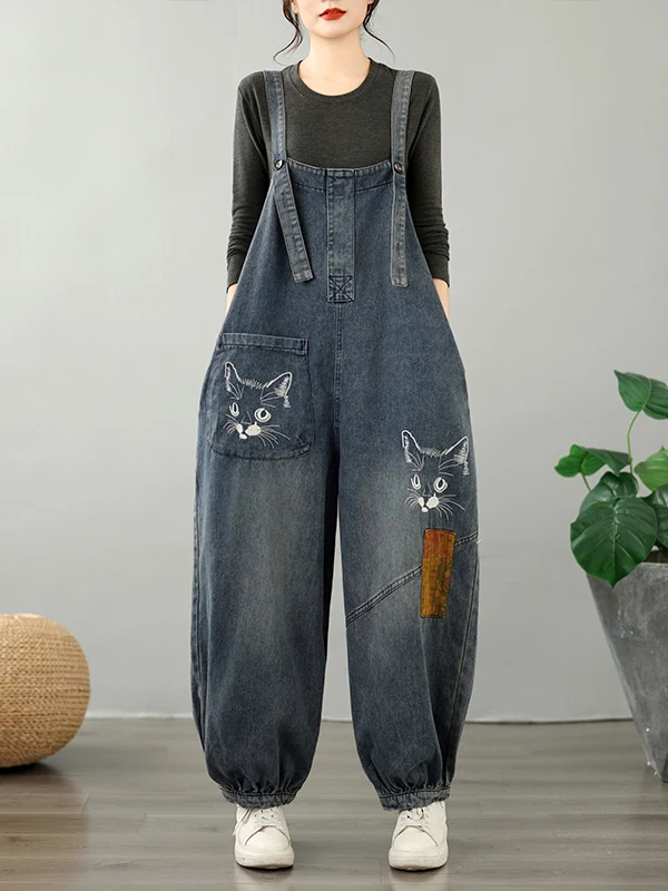 Casual High Waist Denim Overalls Embroidered Fashionable Casual Versatile Women's Jeans Pants for All Seasons Large Size