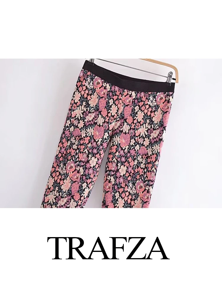 TRAFZA Women's Autumn New Fashion Versatile Floral Jacquard Knit Leggings Female Elegant Elastic Waist Slim Casual Pants Mujer