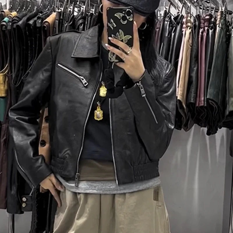 Retro curtido eepskin couro genuíno Jaet feminino gola ortopé motociclista Jaet agasalhos outono inverno novo Sle Zipper Desi...