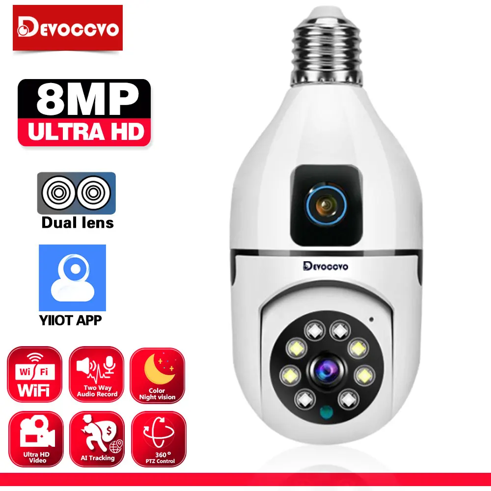 4K Mini Surveillance Wifi IP Camera Light Bulb Indoor Home Wireless Auto Tracking PTZ CCTV Home Baby Monitor Camera Dual Lens