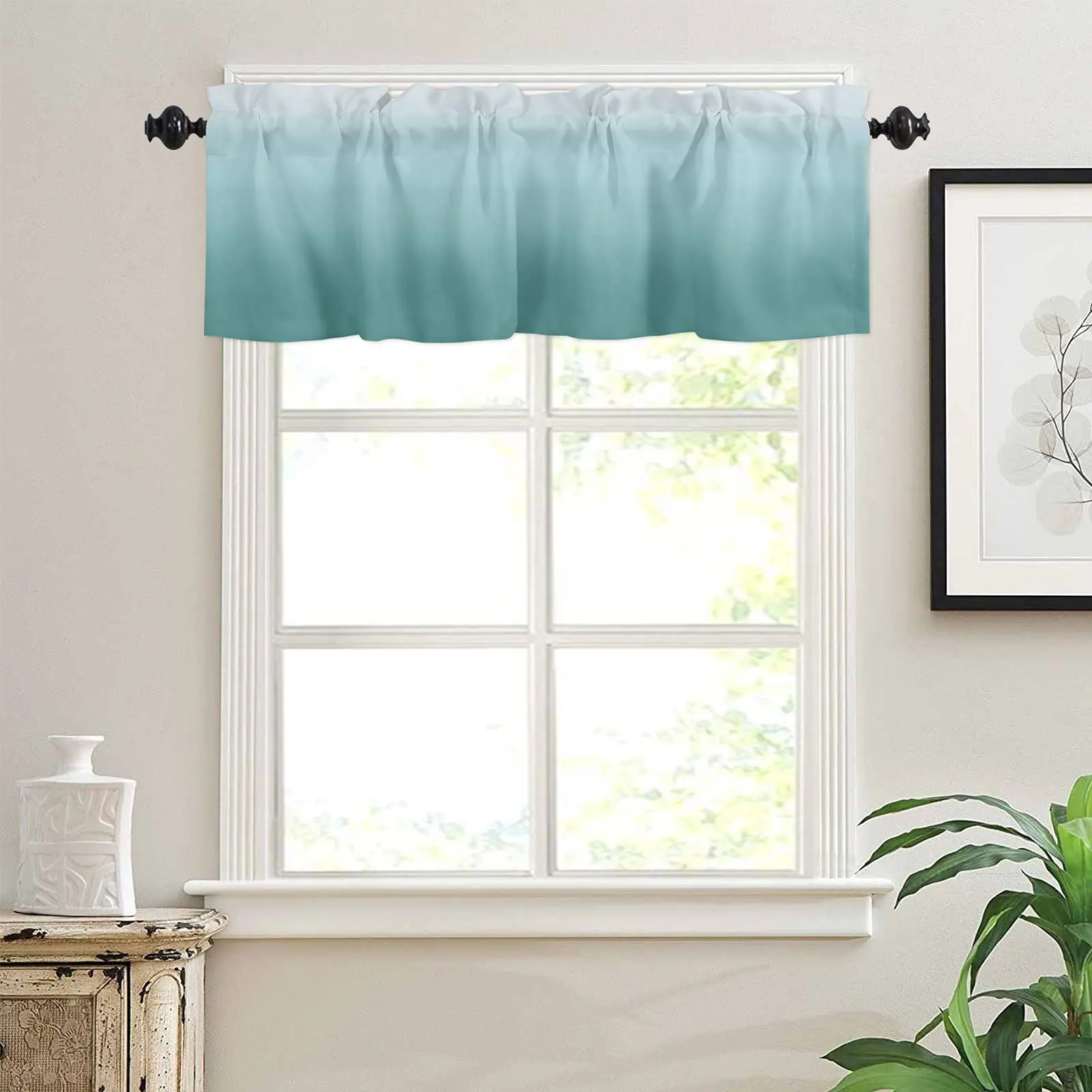 

Valance Curtains for Kitchen,Ombre Teal Short Curtain Rod Pocket for Bedroom Living Room,Single Panel Decor Valances for Windows