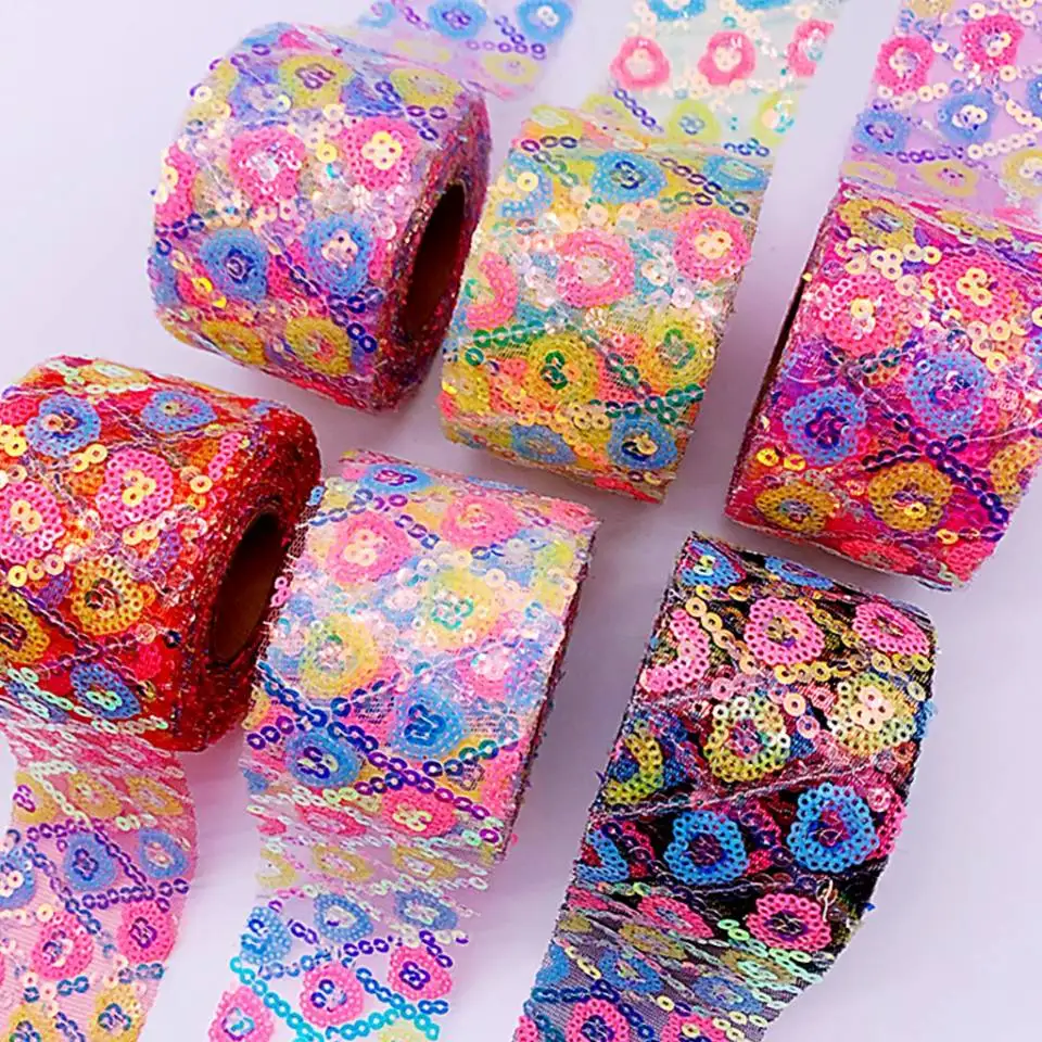 10 Yards/Roll 6CM Colorful Sequins Ribbon Heart DIY Handmade Materials Crafts Headwear Hair Bows Material Accessories 60MM