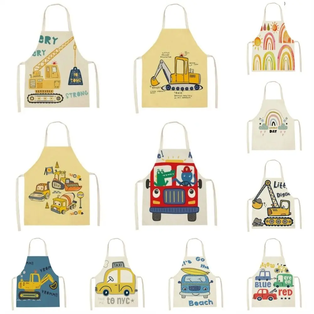 New Vehicle Theme Children's Apron Crane Excavator Car Pattern Printed Apron Waterproof Fire Truck Painting Apron Home Use