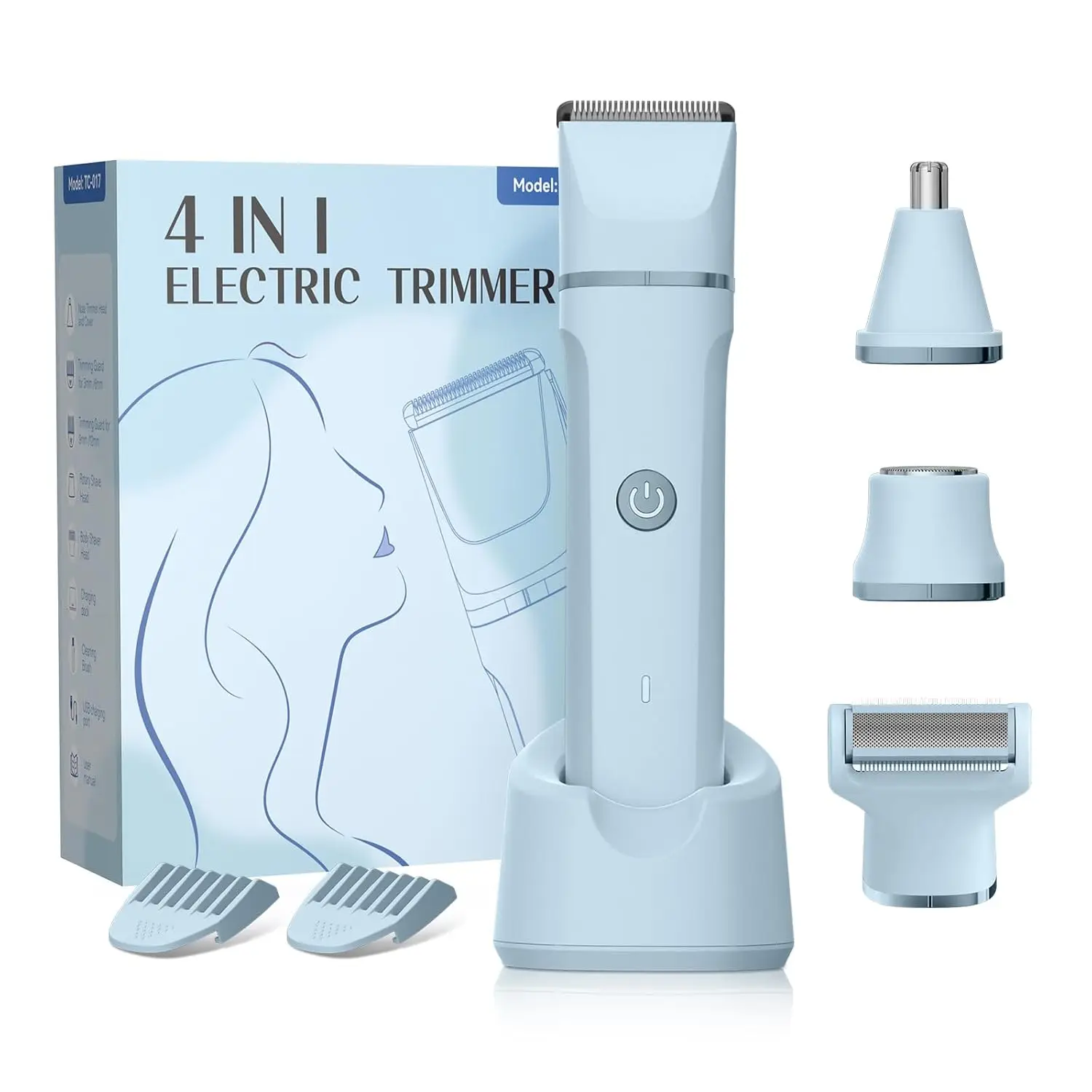 

Электрическая бритва для женщин — водонепроницаемый набор для ухода за волосами 4-в со сменными головками, перезаряжаемым бикини и триммером для лица (синий)