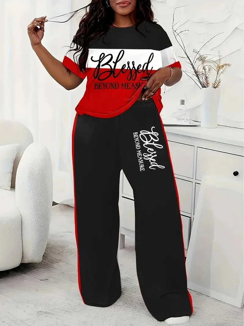 Traje de pantalón de bolsillo suelto estampado a rayas de manga corta informal de talla grande para mujer