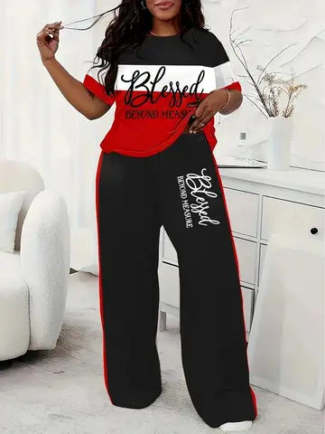 Plus Size Women's Casual Short-Sleeved Striped Printed Loose Pocket Pants Suit