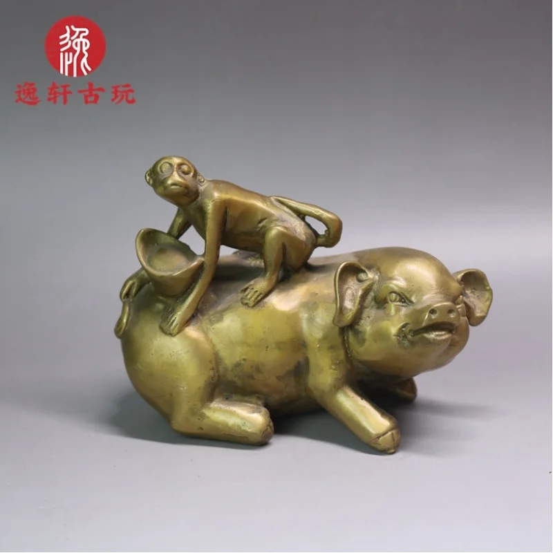 Brass riding a , pure copper pig monkey symbolizing royalty, gift ornament for home and office, antique decorative