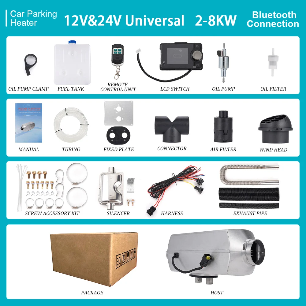 12V&24V Air Diesel Heater 2-8KW Aluminium case bluetooth App Diesel Heater Muffler for RV Motorhome Trailer Trucks Boats