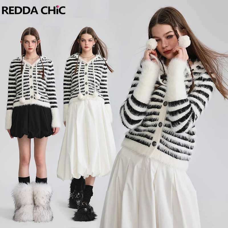 

ReddaChic Pom-pom Drawstring Hooded Knit Jumper Women Loose Casual Black White Striped Winter Mohair Sweater Top Y2k Streetwear