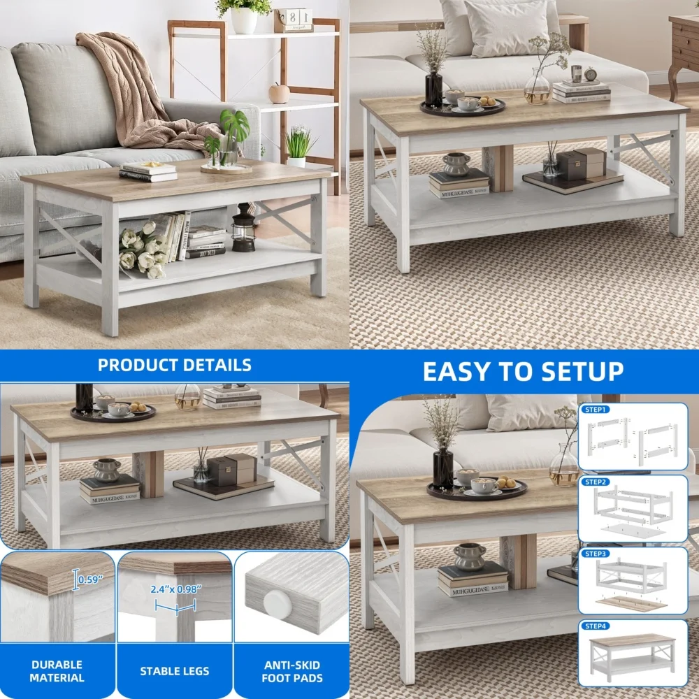 

Café TablesRustic Wood Coffee Table with Open Storage Shelf Perfect for Farmhouse Living Room Oak Finish