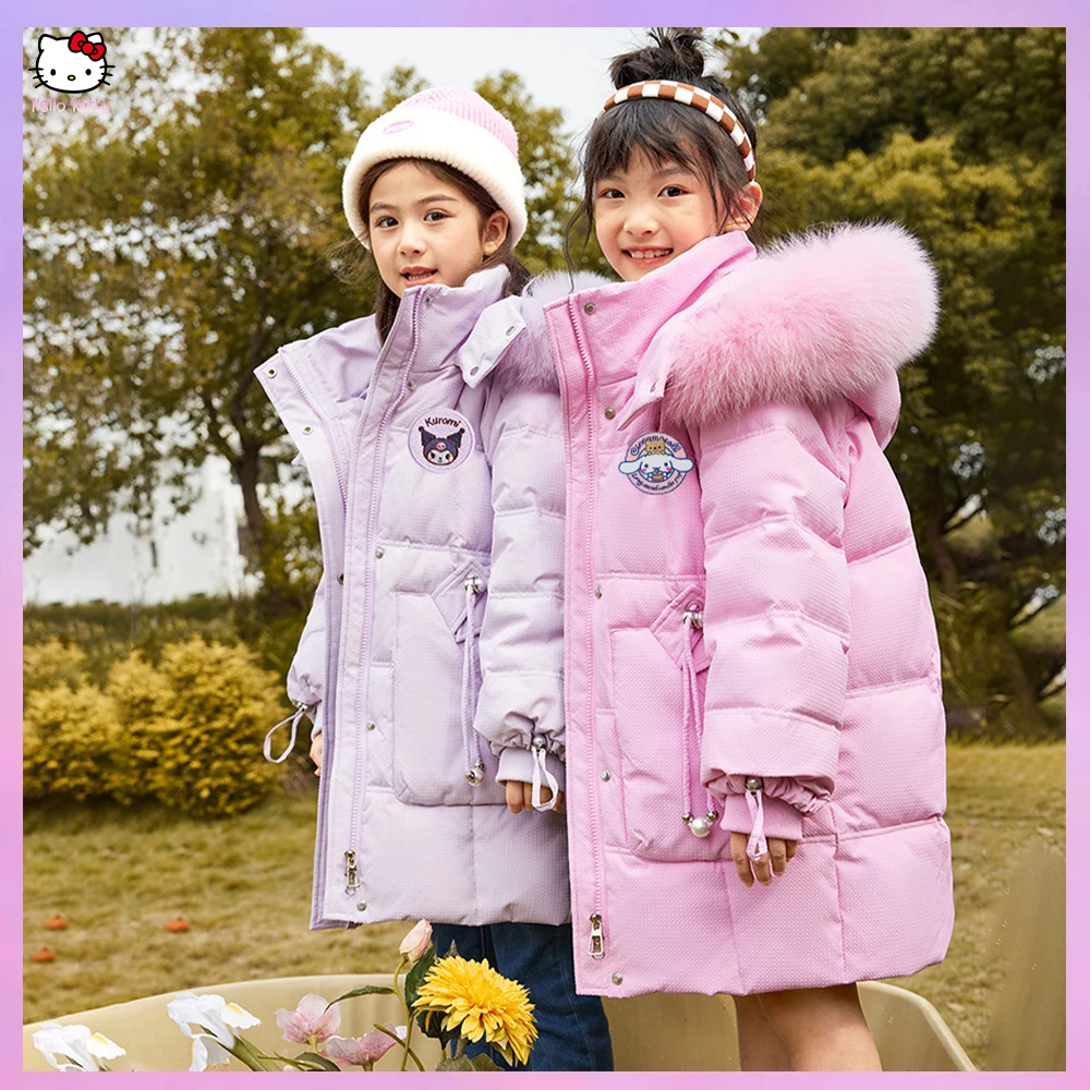 Winter Hello Kitty Kids Long-Style Down Jackets Anime Sanrios Cinnamoroll Kuromi Jacket Girl Plush Collar Hooded Overcoat Warm