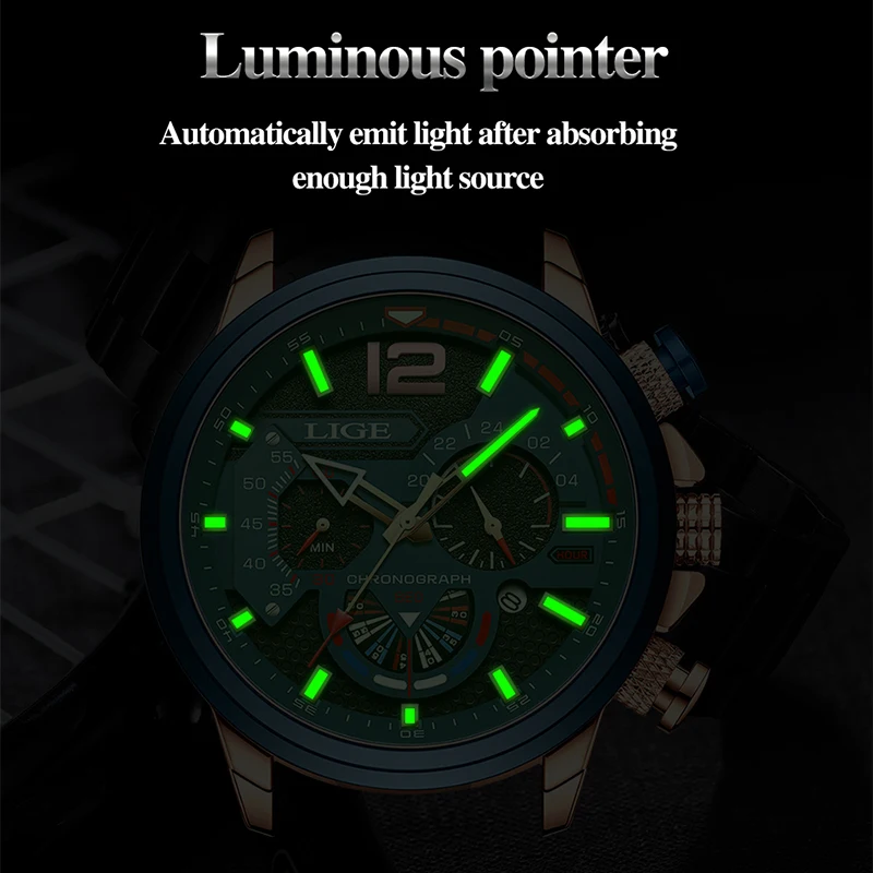 LIGE Top Brand Luxury Men Watches Luminous Date Quartz Wristwatch Waterproof Leather Watch for Men Chronograph Relogio Masculino