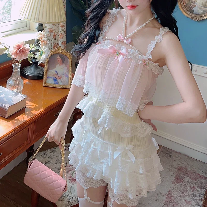 

Cute Lace Trim Knitted Tops Women Summer Pink Bow Decoration Mesh Patchwork Cropped for Sweet Girls Lolita Style Kawaii Clothes