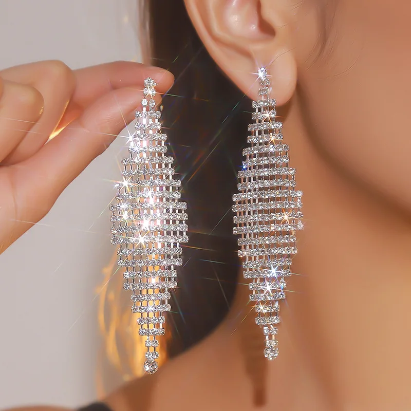 HOYON Fashion Luxury s925 Silver Color Long Tassel Women\'s Earrings Wedding Jewelry Exaggerated Full Diamond Geometry Earrings