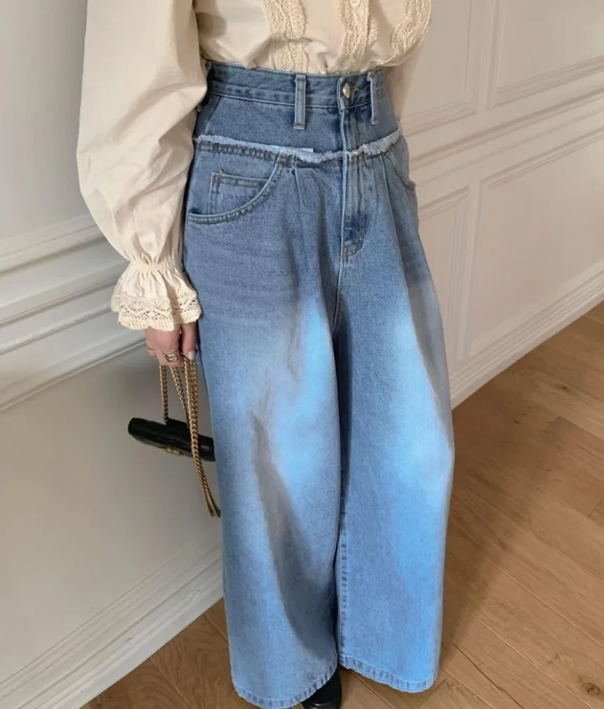 

2Colors SML 2024 Spring Autumn Patch women high wiast jeans streetwear trousers Loose Wide Leg denim pants womens (xh6612