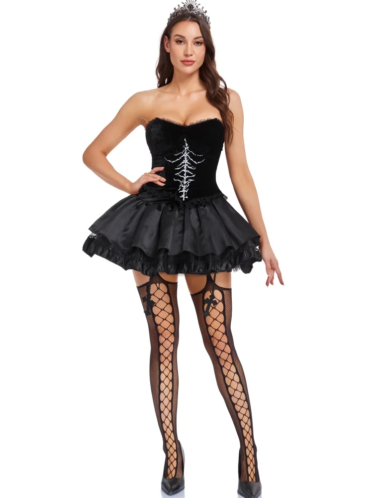 Gotisches Skelett-Cosplay-Kostüm für Damen, schulterfreies Kleid mit Spitze und ausgestellten Ärmeln, kurzes Kleid für Halloween, Nachtclub, Karneval, Rollenspiel-Outfit – Detail 10