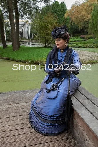 Navy Blue Victorian Bustle Ball Gown Prom Dresses Barones Bezoekt Long Sleeve Lace Ruffles Corset Halloween Evening Dress