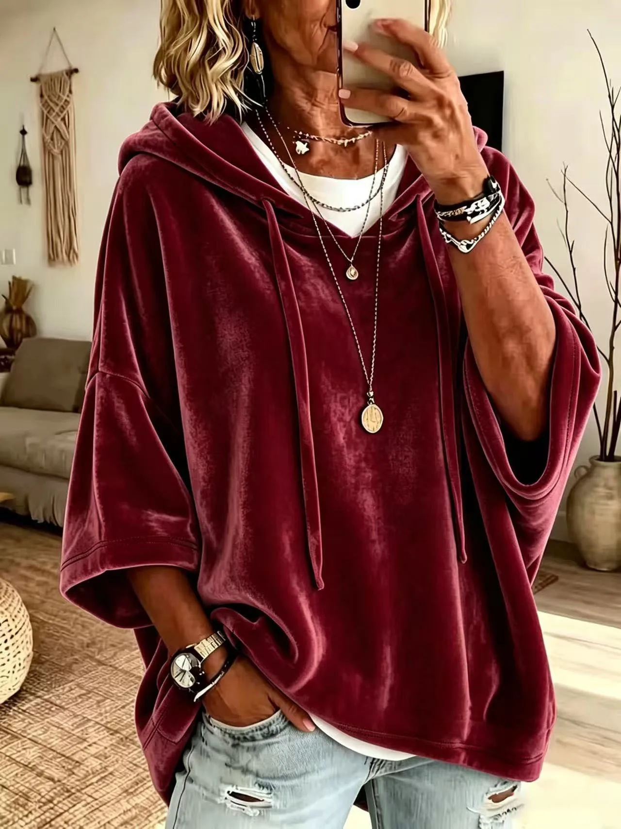 Picture 4: New Autumn Winter Women Solid Velvet Hoodie 3/4 Sleeve Casual Tops(4XL-5XL))