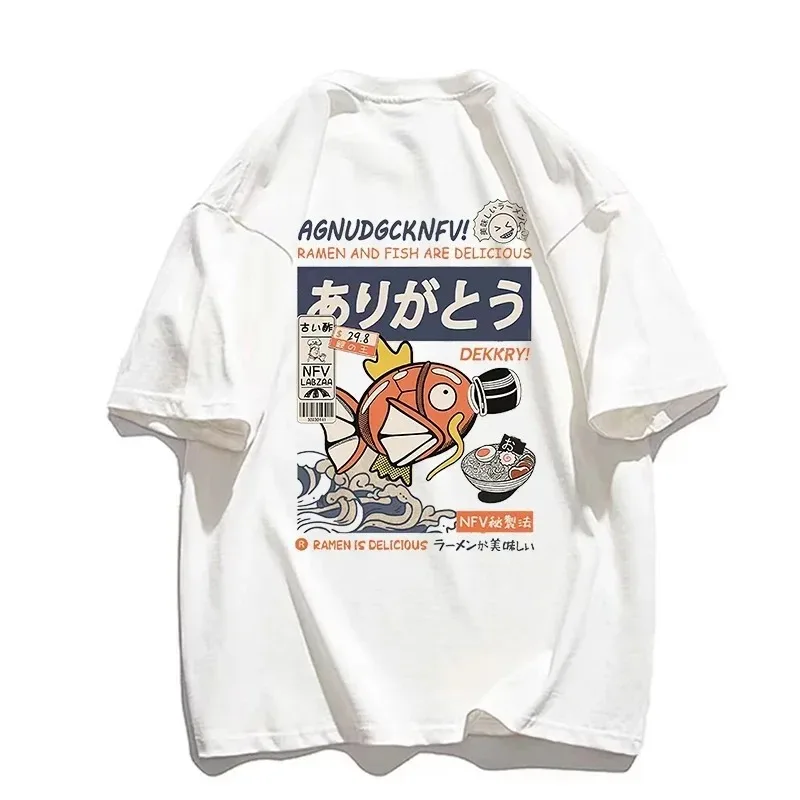 Men's Summer Short sleeved T-shirt Japanese Hanzi Fun Fish 100% Pure Cotton Men's Street T-shirt Harajuku Men's T-shirt Fashion