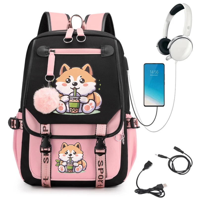 Students Backpack Casual Waterproof Nylon Shoulder Bag Shiba Inu Drinking Boba Tea Anime Bookbag Fashion Travel College Bagpacks