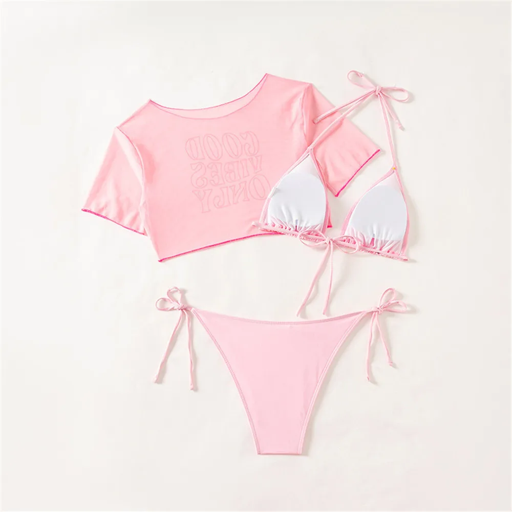 Sexy Pink Swimwear Mesh Smock Tops Bikinis Sets 3 Pieces Micro Thong Swimsuit Women 2026 Halter String Triangle Bikini Biquinis