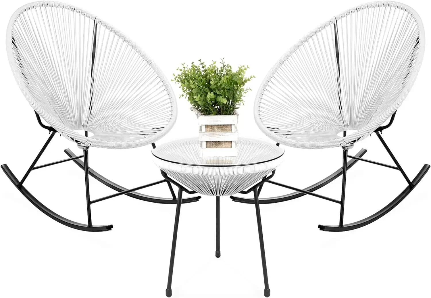 

3-Piece Outdoor Acapulco All-Weather Woven Rope Patio Conversation Bistro Set w/Glass Top Table and 2 Rocking Chairs