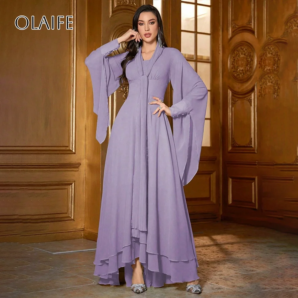 

Strapless Chiffon A-line Prom Dresses Tiered Ruffled Buttons Long Sleeves Customized vestidos de festa