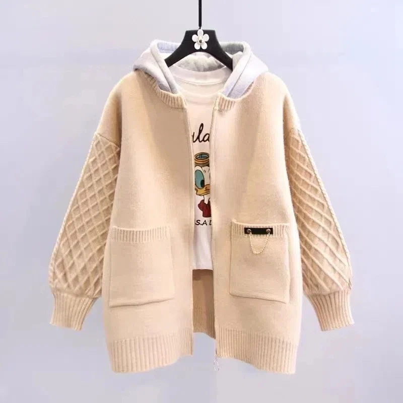 

Female Spring Autumn Medium Long Upscale Sweater Coat Ladies Loose Splicing Hooded Lazy Wind Knitting Cardigan Women Wild Tops