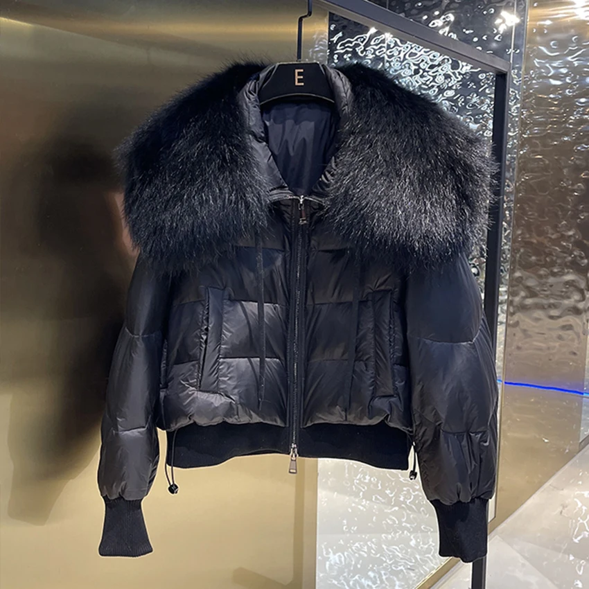 2023 New Winter Women\'s Warm Goose Down Jacket With Big Natural Raccon Collar Thick Women Short Coat Luxury Outwear Female Coat