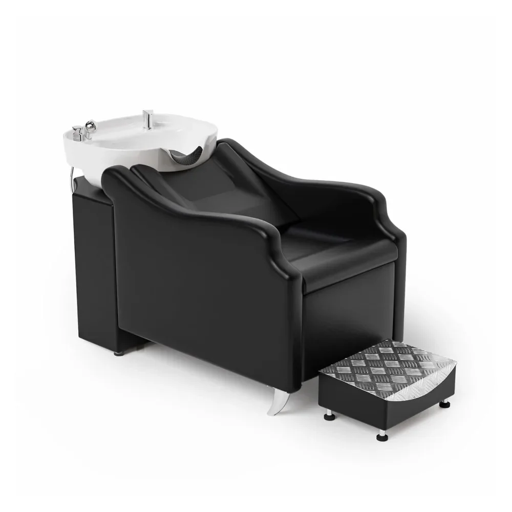 

Shampoo Backwash Unit with White Porcelain Bowl, Salon Sink Hair Wash Chair Shampoo Station, Barbershop Beauty Spa Massage
