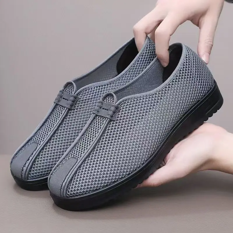 

Men's Summer New Mesh Flat Sole Casual Shoes Soft Sole Non Slip Round Toe Breathable Slip On Lightweight Elderly Walking Shoes