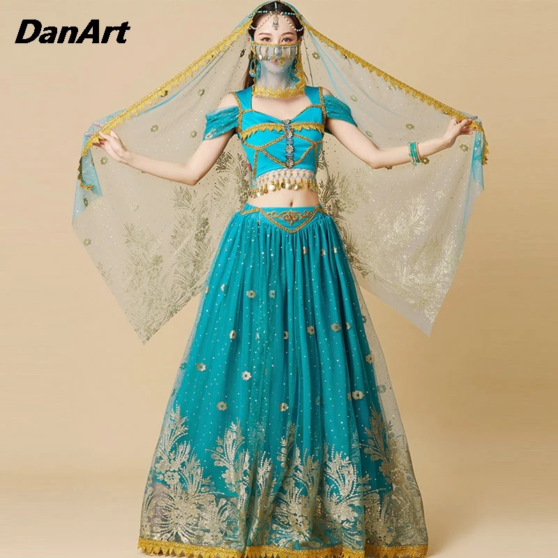 

Women Short Sleeved Top+Long Skirt Set Lady Performance Suit Cosplay Clothing Oriental Princess Costume Indian Bellydance Dress