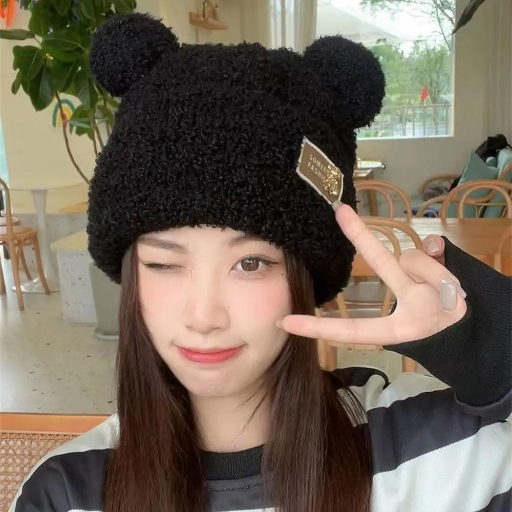 Warm Plush Hat Fashion Cute Bear Ear Skullcap Beanie Hat Winter Protection Riding Skiing Beanie Hat Casual Outdoor Bonnet Caps