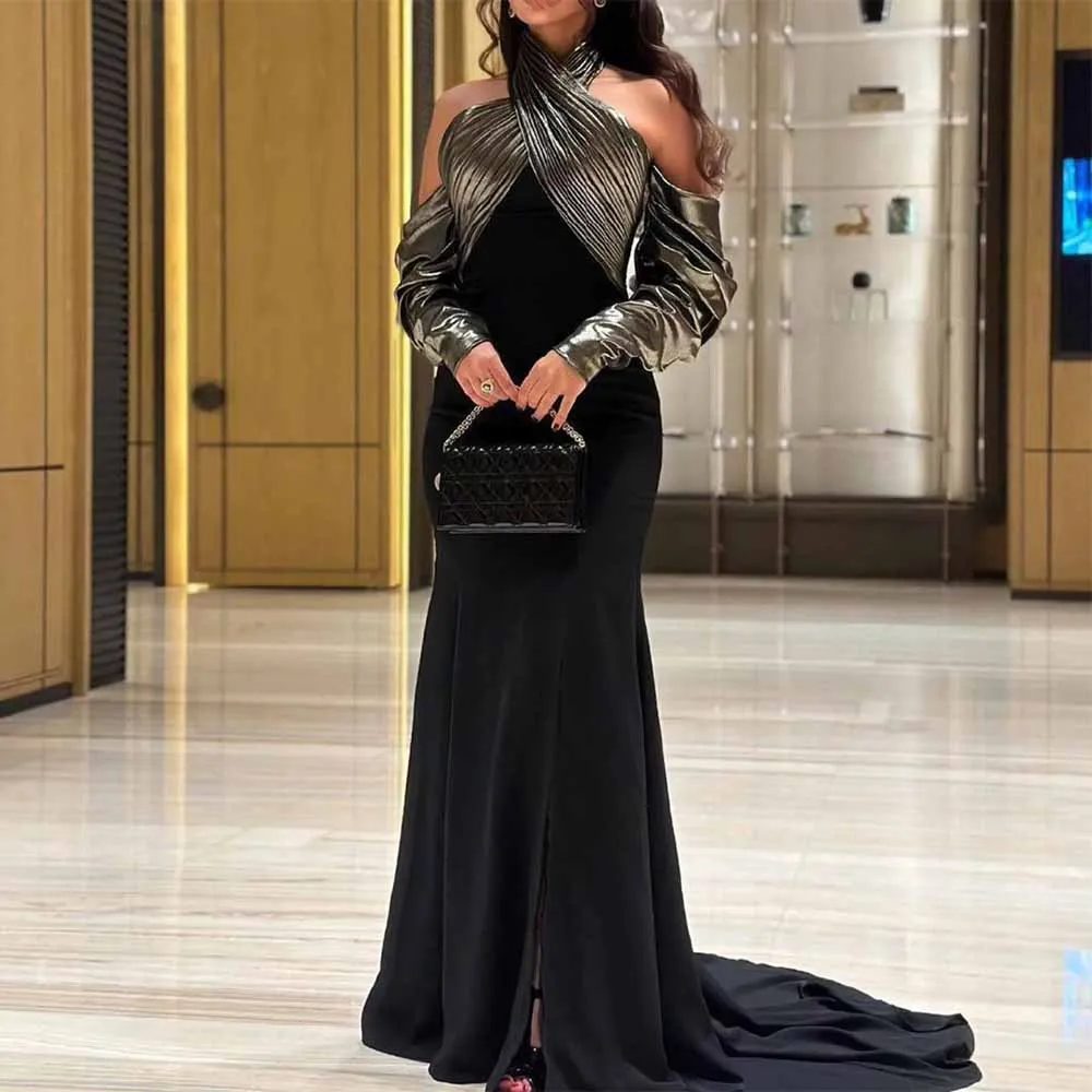 

2025 Chic Woman Ceremony Dresses Crepe Fabric Mermaid/Trumpet Formal Evening Dress Black Halter Pleat Split Prom Dress Long