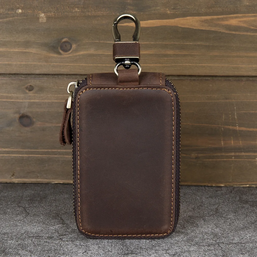 Retro Crazy Horse leather home real leather key Bag Zipper men's car leather key chain key bag