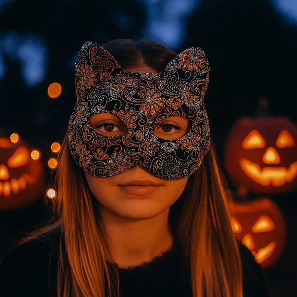 

Funny Plastic Cat Face Masks Flower Shining Halloween Masquerade Mask Animal Black Half Face Mask Cosplay