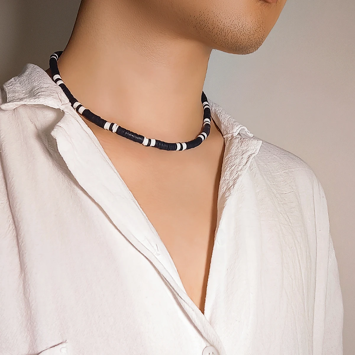 PuRui Simple Black White Polymer Clay Necklace for Men Handmade Strand Beads Choker Jewelry Collar Party Accessories Trendy