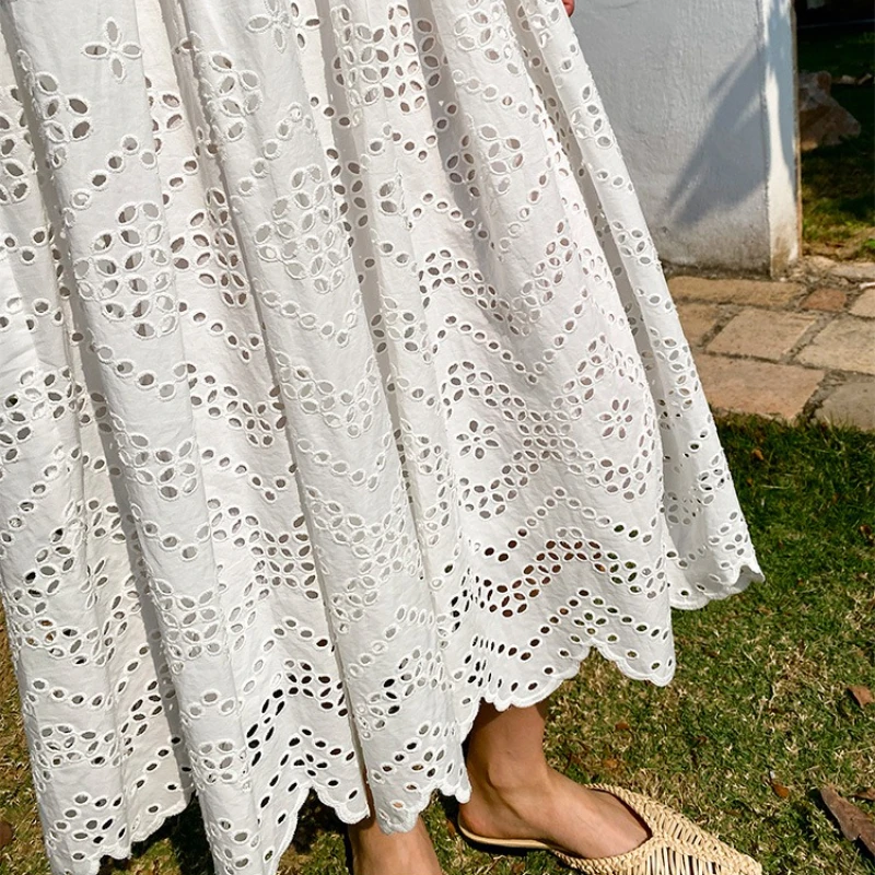 Sleeveless Eyelet Embroidered Midi Dress with Belted Waist & Shirt Collar Summer Vintage A-Line Women Dress Casual & Vacation