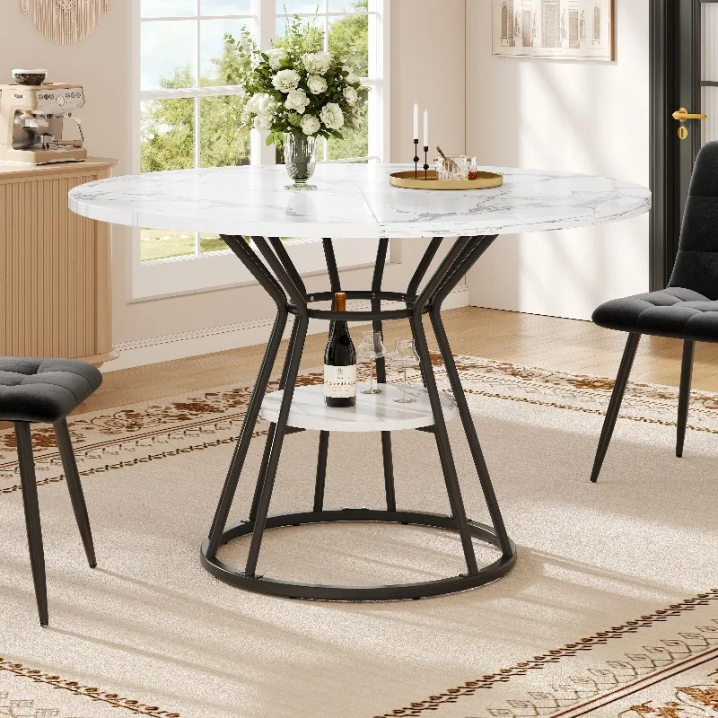 Table à manger ronde moderne 39" (99 cm) avec plateau en marbre, pieds en métal noir et or, surface en MDF, étagère de rangement, cadre robuste pour salle à manger, salon, bureau.
